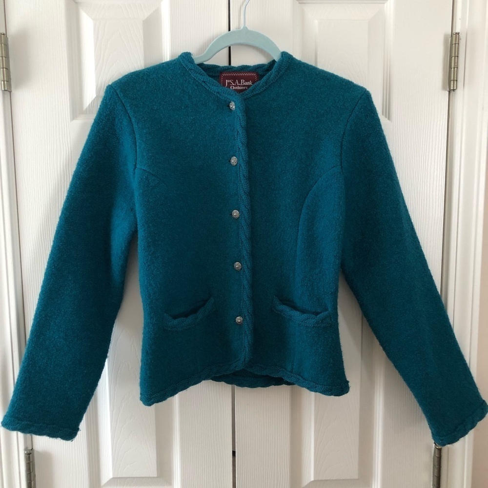 Jos. A. Bank Vintage 100% Boiled Wool Structured Cardigan Jacket Teal Size 12